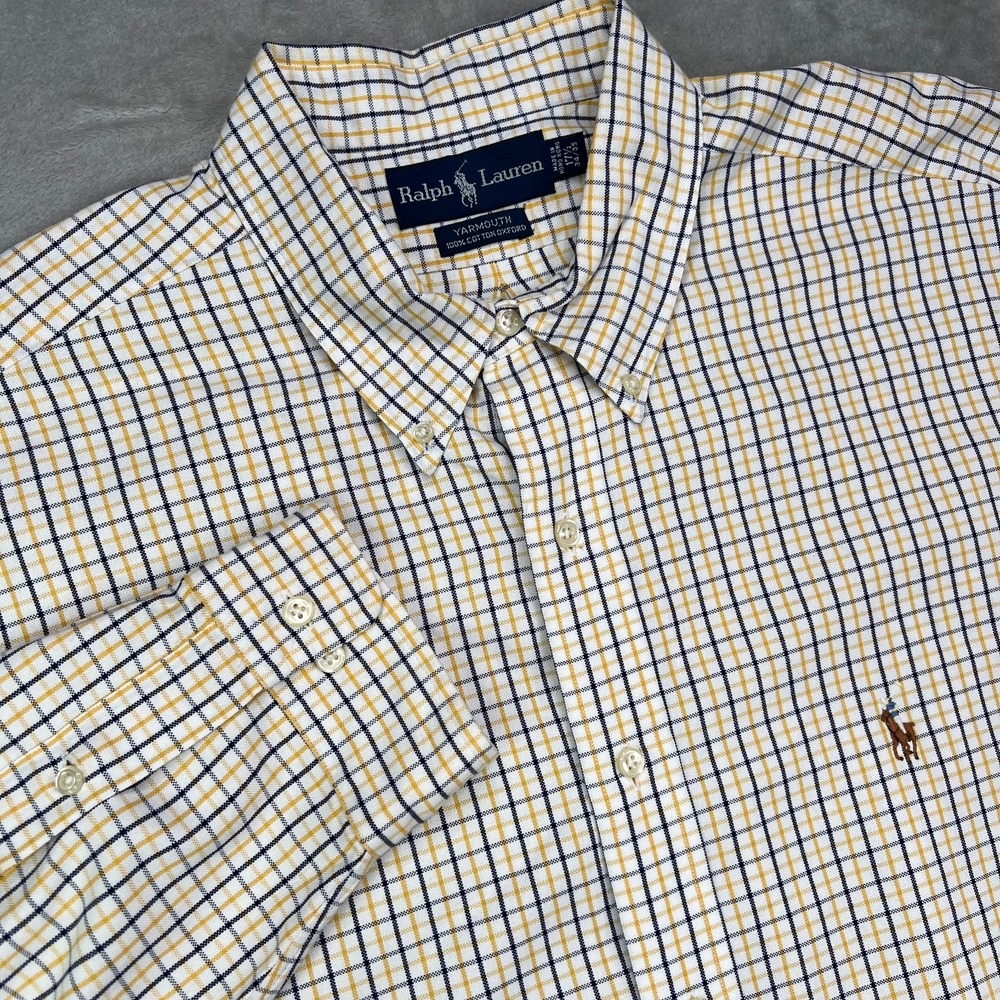 Ralph Lauren Yarmouth Shirt Men 17 1/2 - 34/45 Tattersall Flesh Pony Long Sleeve